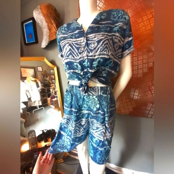 Vintage 100% Silk Blue Patterned Co-Ord Set - Picture 1 of 14